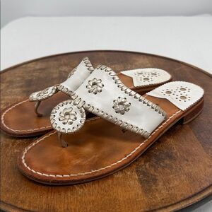 Jack Rogers Sandals Wm 8 White Gold Leather Classic Thong Flip Flops